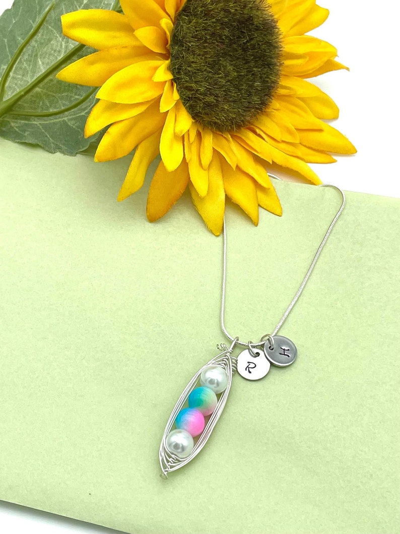 Puede incluir: Un collar de plata con un dije de vaina de guisante con tres cuentas de colores y dos dijes de iniciales de plata, uno con la letra "R" y el otro con la letra "H".
