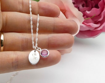 Girls birthday necklace, personalised June birthday flower necklace in sterling silver, light amethyst rose engraved necklace, rose necklace
