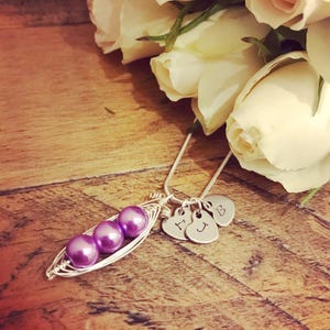 May include: A silver necklace with a purple peapod charm and three silver heart charms with the initials I, J, and B. The necklace is lying on a wooden surface with white roses in the background.