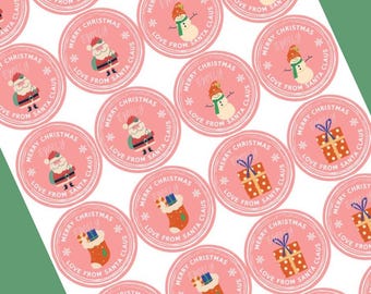 Gepersonaliseerde kerststickers voor cadeaukaartjes Naamlabels Cadeauverpakking Kerstman en vrienden kindernaam roze meisjescadeaus