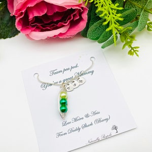 May include: A silver necklace with a pea pod charm and three initial charms. The card reads "Team pea pod. You're a great Mommy. Love Moira & Aria From Daddy Shark (Barry) Naturally Bespoke."