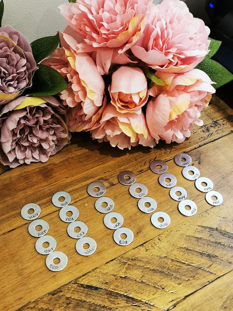 May include: A collection of 17 silver metal discs with various country names and abbreviations engraved on them, including USA, ESP, FRA, ENG, LKA, HERY, WAL, Prib, EGY, PHO, sity, pol-, and 0000. The discs are arranged in a semi-circle on a wooden surface.