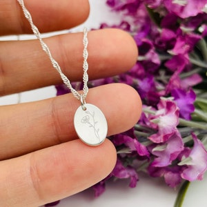 September birthday necklace birth flower, birthday necklace for her, minimalist botanical engraved jewellery morning glory, sapphire