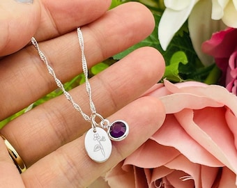 February birthday flower necklace, violet floral necklace, sterling silver flower pendant, February birthday bff necklace, sister birthday