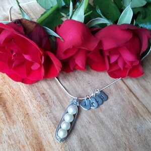 May include: A silver necklace with a pea pod charm containing four white pearls. The necklace also has five silver heart charms with the letters J, C, L, I, and E.