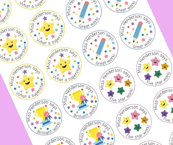 BULK DISCOUNT classroom stickers, bespoke teacher stickers, well done stickers, teacher name, named stickers, merit sticker, stickers