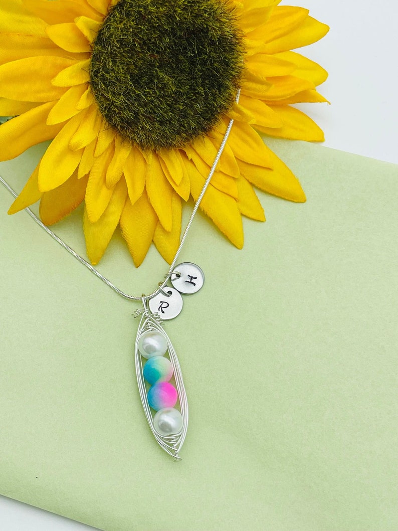 Puede incluir: Un collar de plata con un dije en forma de vaina de guisante. El dije tiene tres cuentas blancas y rosadas en su interior. El collar tambi&eacute;n tiene dos discos de plata con las letras 'R' y 'H' en ellos.