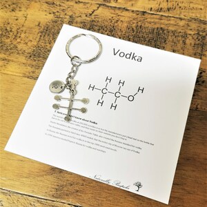 Puede incluir: Un llavero plateado con un dije en forma de estructura qu&iacute;mica de una mol&eacute;cula. El dije est&aacute; unido a un anillo de llave plateado. El llavero se muestra en una tarjeta blanca con la palabra "Vodka" y una f&oacute;rmula qu&iacute;mica para el vodka. La tarjeta tambi&eacute;n incluye cinco datos sobre el vodka.