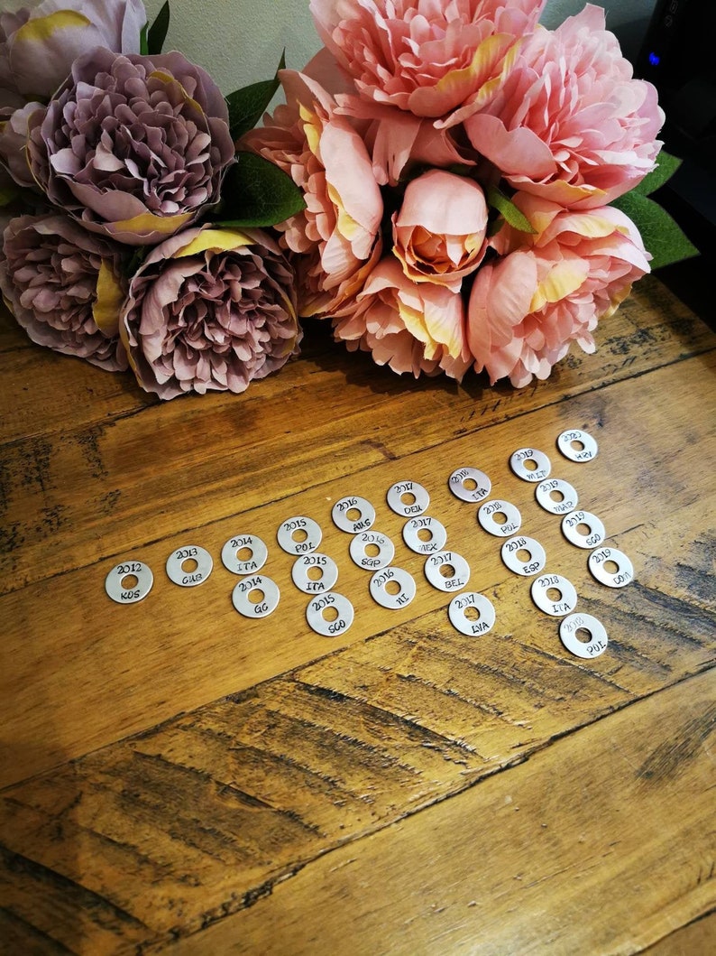May include: A collection of silver metal discs with numbers and letters printed on them. The discs are arranged in a pattern on a wooden surface. The numbers on the discs range from 2012 to 2019. The letters on the discs include abbreviations for countries such as ITA, POL, BEL, ESP, and others.