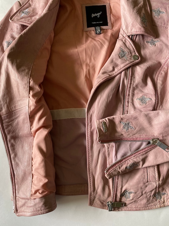 Middle Zealand Luxury Etsy Genuine Lambskin by Embroidered Pink New Vintage Pink Blush Size - Leather MAZE Jacket Embroidery, Silver Jacket Y2K Bees Biker