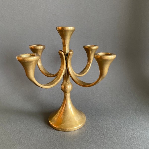 MCM Brass Candleholder, Vintage Solid Brass Candelabra for 5 Candles, 1960s Nordic Style Metal Decor, Christmas Decor