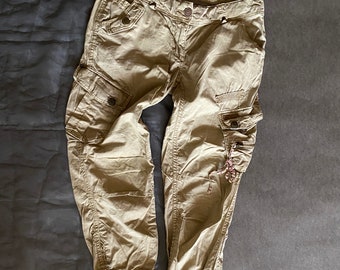 90s Khujo Cropped Cargo Pants Vintage Designer Beige Women’s Utility Trousers Bermuda Neutral Pedal Pushers Y2K Cotton Capri, Size S, 26