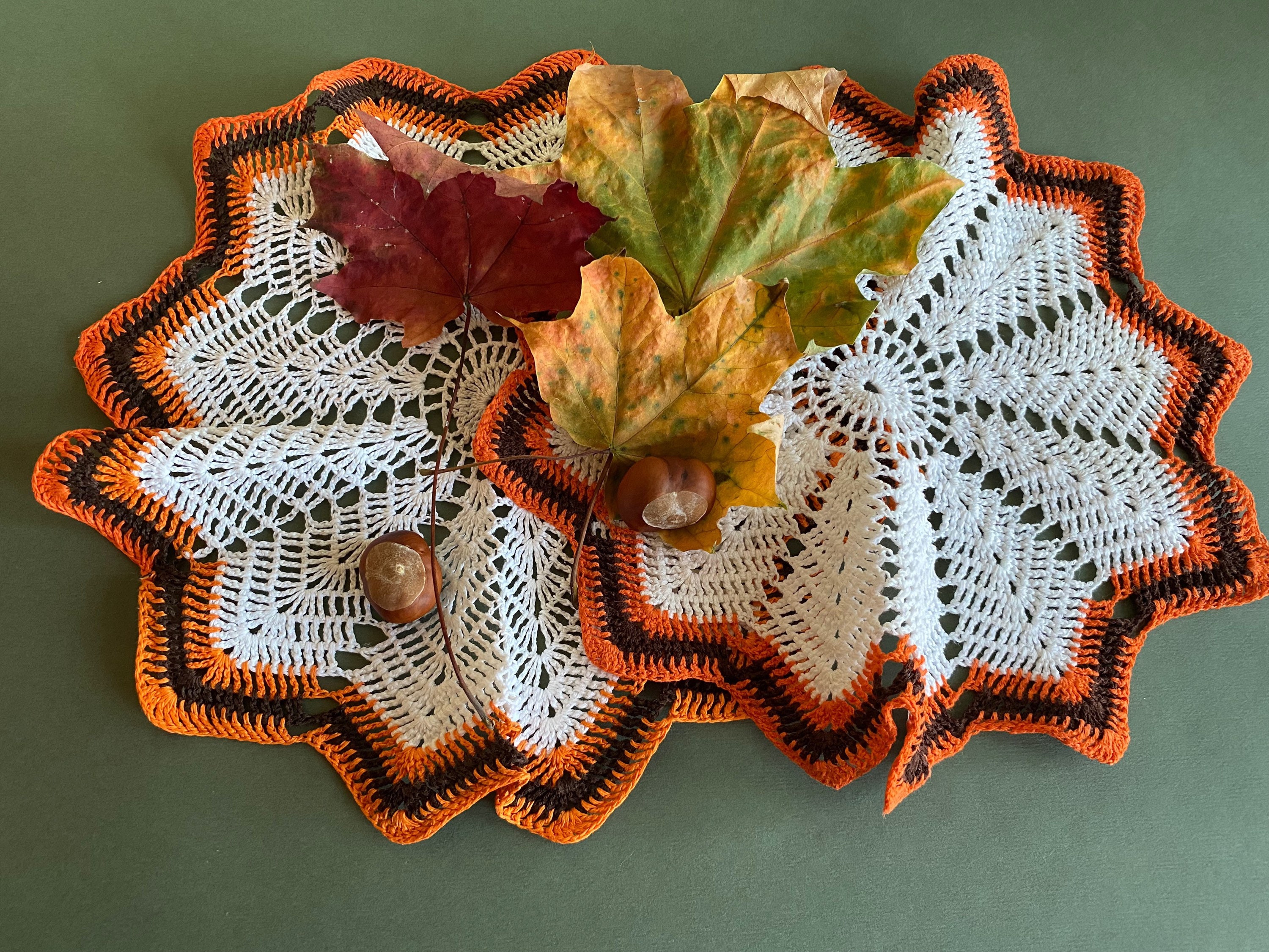 Décoration Intérieure d'automne, Paire de Doilies en Lin Vintage, Décor Crochet Doily Blanc, Orange,
