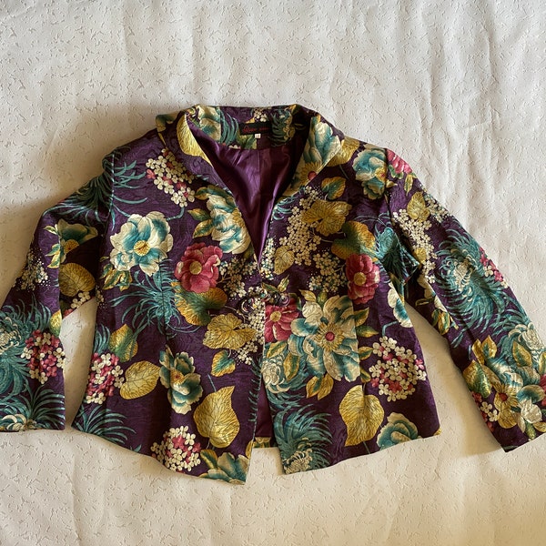Retro Floral Silk Blazer by Xin Qiao Vintage Luxurious Oriental Volume Shape Jacket Purple Peony Large Floral Print Top, Size XL, 18