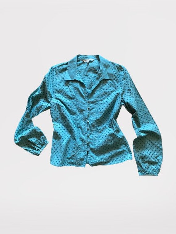 Laura Ashley Peasant Blouse Vintage 90s Blue Gree… - image 2