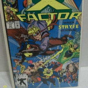 May include: A comic book cover featuring X-Factor, a team of superheroes. The cover is blue and yellow with a large X in the centre. The title "X-Factor" is written in bold letters below the X. The cover also features the text "When Stryfe Strikes!" and a group of superheroes in action.