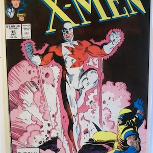 May include: A comic book cover featuring a red and white superhero with a lightning bolt on his chest, standing in a cloud of pink smoke. The superhero is facing right and has a determined expression. In the background, a yellow and brown superhero with claws is crouched down. The comic book cover is titled "Classic X-Men" and the text "The Fall of the Mutants is Coming!" is printed at the bottom.