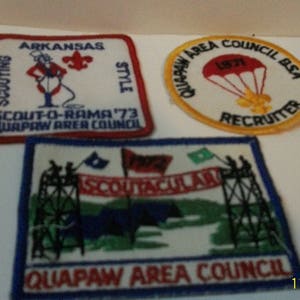 Boy Scouts Of America  3 Quapaw Area Council Arkansas Used) Embroidered BSA Cloth Oval Patches 1971-74 Scout-O-Rama, Scoutacular,Recruiter