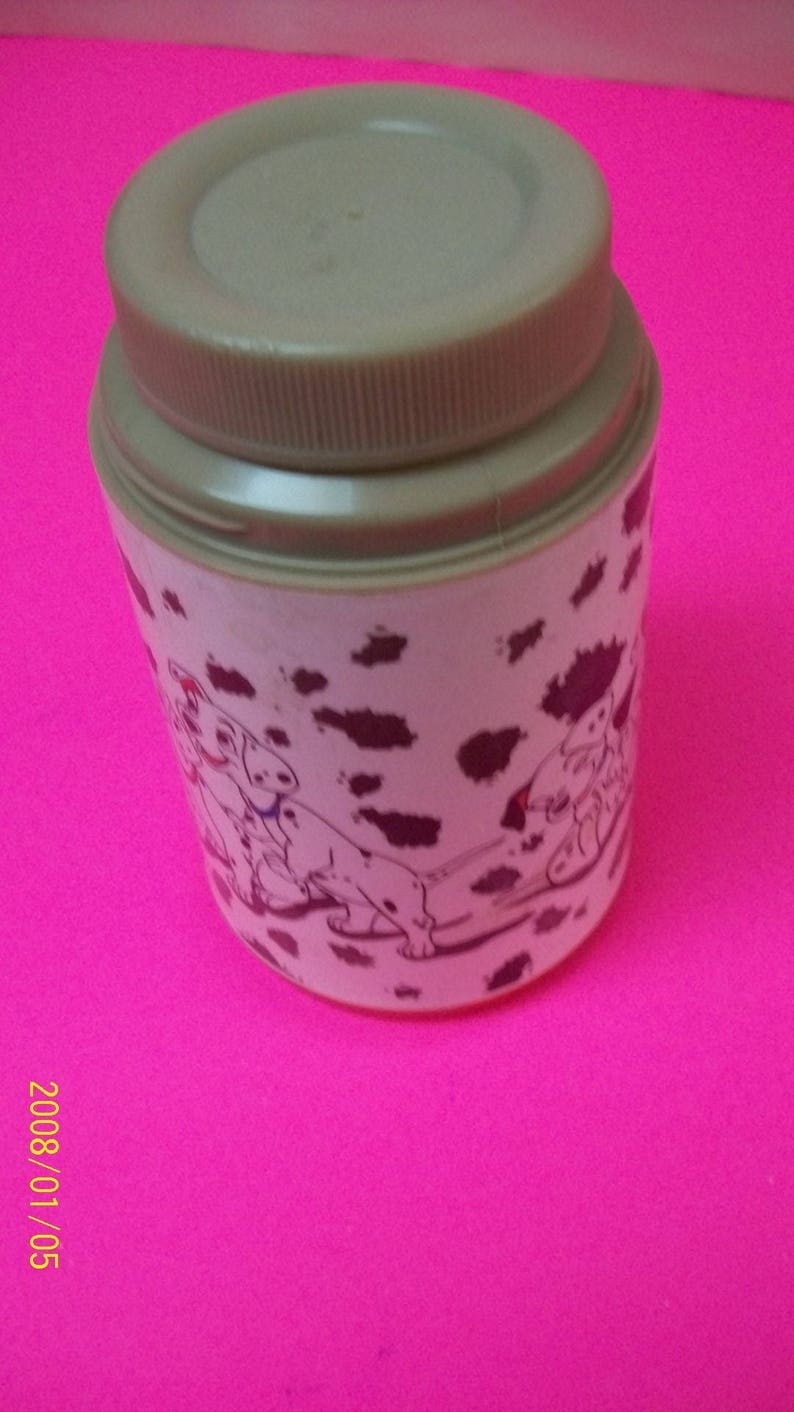 101 Dalmations 1990/'s Walt Disney Aladdin Plastic Thermos Dalmation Dogs Missing Cup Lid Vintage Thermos