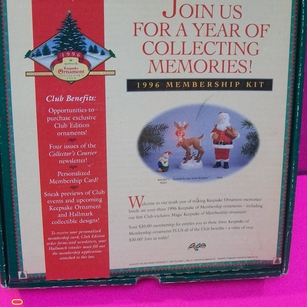 Hallmark Keepsake Ornament Collector's Club Membership Kit -3 Unopened Christmas Ornaments Santa, Reindeer, Elf miniature In Box 1996