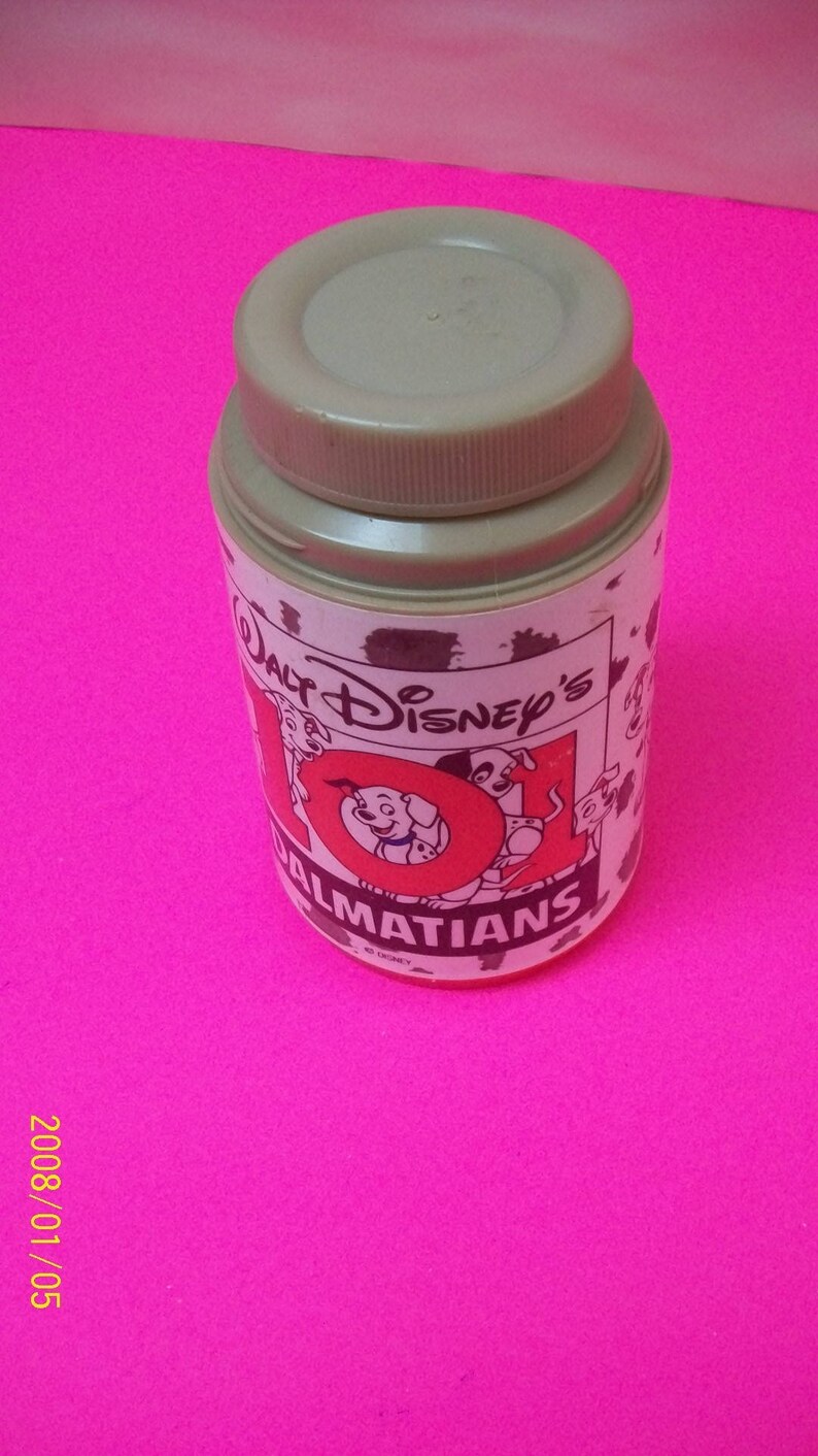 101 Dalmations 1990/'s Walt Disney Aladdin Plastic Thermos Dalmation Dogs Missing Cup Lid Vintage Thermos