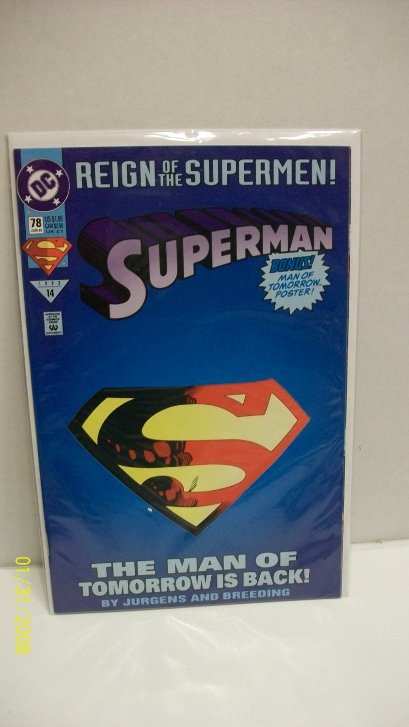1993 Superman #78 June Reign of The Supermen Man Of Tomorrow Poster Inside  VF-NM Unread Vintage Jurgens/Breeding DC Comic Book