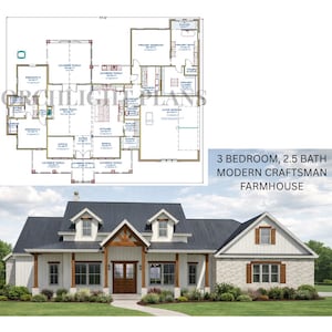 Moderner Handwerker Bauernhaus Plan | 3 Bett, 2.5 Bad (PDF Download)