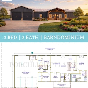 May include: A barndominium house plan featuring a 3-bedroom, 3-bathroom layout. The image displays an exterior rendering of a dark-sided home with a metal roof and a detailed floor plan showing a 3-car garage, living room, kitchen, and study.