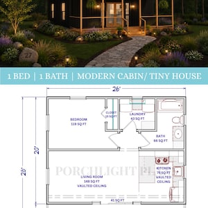 May include: A modern cabin tiny house design featuring a black exterior with wood accents and a covered deck. The floor plan shows a 26-foot by 28-foot layout including one bedroom, one bathroom, a laundry area, a living room, and a kitchen.