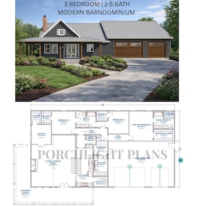 May include: A modern farmhouse-style home with a gray exterior, a metal roof, and a three-car garage. The image includes a floor plan with room layouts and dimensions. Text on the image reads: "3 BEDROOM | 2.5 BATH MODERN BARNDOMINIUM" and "PORCHLIGHT PLANS".