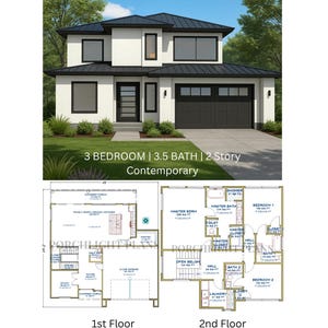 Puede incluir: Una casa contemporánea de dos pisos con techo negro, molduras negras y puerta de garaje. El texto dice "3 DORMITORIOS | 3.5 BAÑOS | 2 Pisos Contemporáneo." Debajo hay planos de planta.