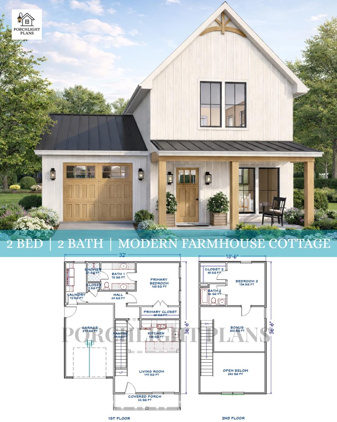 2 Story Modern Farmhouse Cottage House Plan | 2 Bed | 2 Bath | Digital ...
