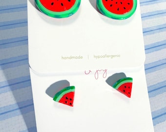 Handmade Polymer Clay Watermelon Stud Earrings - 4th of July, Nickel-Free Stud Earrings