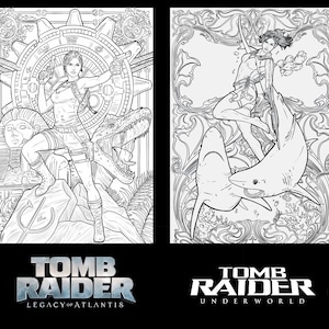 Puede incluir: Dibujos lineales en blanco y negro de dos páginas para colorear de Tomb Raider. Una presenta a Lara Croft con un dinosaurio y ruinas antiguas, la otra la muestra nadando con tiburones. El texto "Tomb Raider" y los títulos de los juegos son visibles.