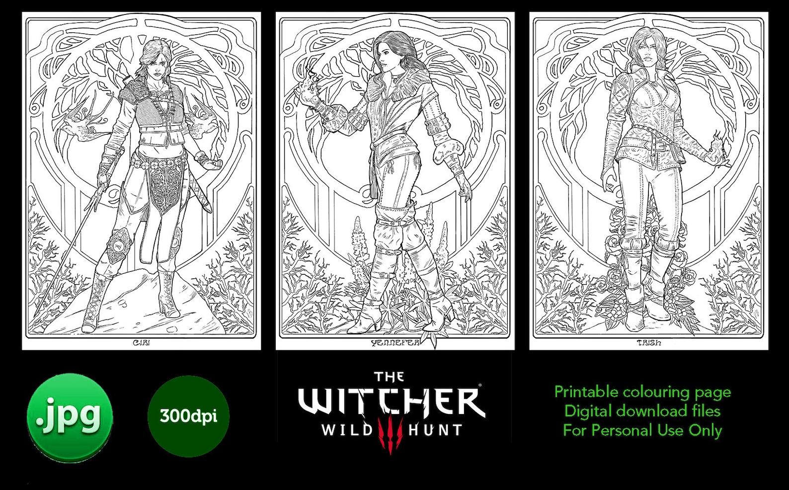 THE WITCHER Wild Hunt Coloring Pack. Ciri alternative Look, Jennefer