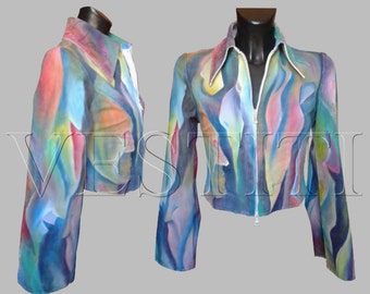 Hand painted hawaiian cotton jeans jacket cropped clothing wearable bride designer short teens gift ideas for girlfriend special art to wear