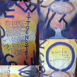 May include: A blue and yellow t-shirt with a hand-painted design and text that reads "Words Are Sacred Sources Of Life Imagination. Powerful Symbols, They Evoke The World of ITS Users. As Music Needs Pauses Between Notes To Create Its Enchantment So Words Need Silence To Personally Their Meaning. Without Silence Words Become Dead Letters As Music Without Pauses Just Noise. So We Communicate About Our Noise We Don't And The Me Know... We think we know Basically we are Just making More Noise Whereof one cannot speak. There of one must be Silent..." and "The Limit of My Language Means The Limit of My World..."