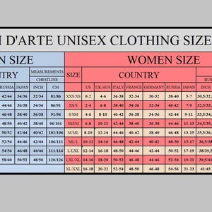May include: Unisex clothing size chart with measurements in inches and centimeters for both men and women. The chart includes international sizing, US sizing, UK sizing, European sizing, Russian sizing, Japanese sizing, bustline, waistline, and chestline.