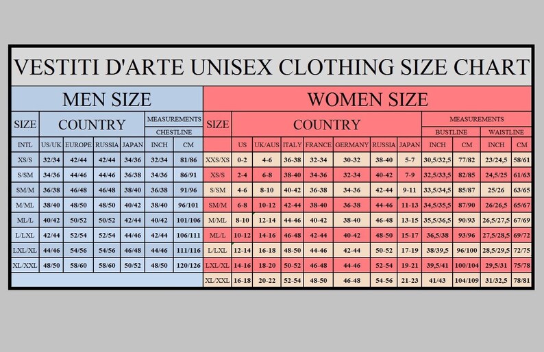 May include: Unisex clothing size chart with measurements in inches and centimeters for both men and women. The chart includes international sizing, US sizing, UK sizing, European sizing, Russian sizing, Japanese sizing, bustline, waistline, and chestline.