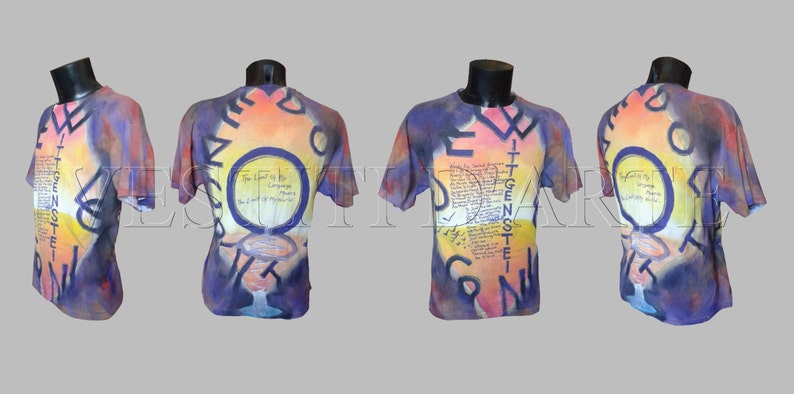 May include: A tie-dye t-shirt with a colorful abstract design and text that reads "The limit is to be reached, not to be surpassed." The shirt is a blend of purple, orange, yellow, and white.