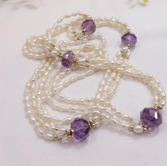 Long vintage white and purple beaded necklace wed… - image 1