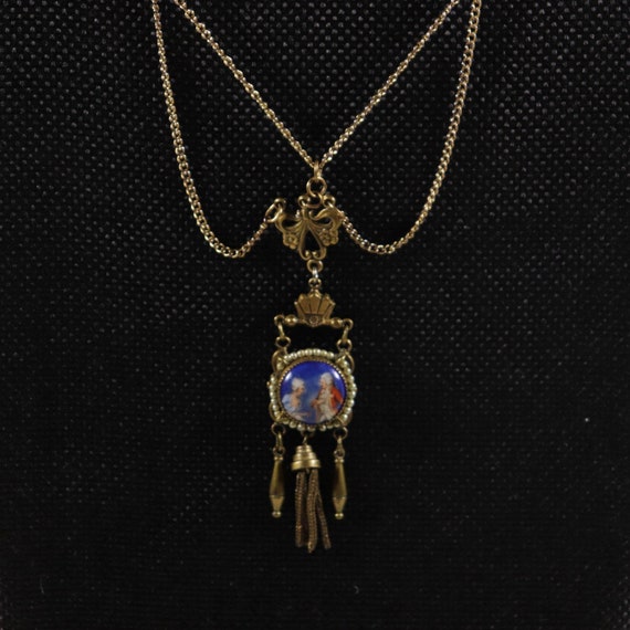 Victorian hand painted cameo necklace 16" QR4579