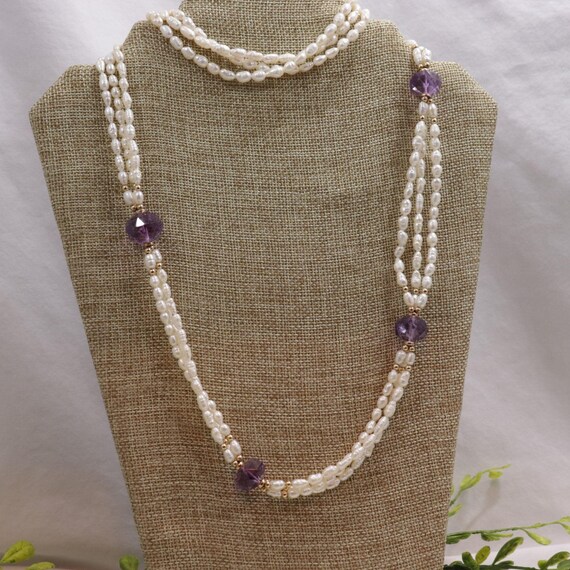 Long vintage white and purple beaded necklace wed… - image 2