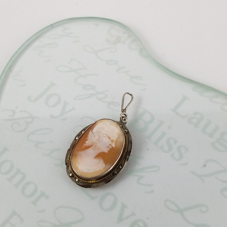 Antique cameo 800 silver high relief carved cameo pendant with marcasite stones OY2653