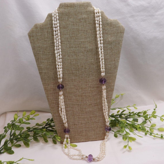 Long vintage white and purple beaded necklace wed… - image 5