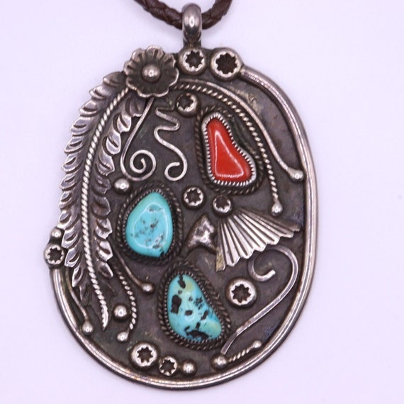 Large Native American sterling turquoise and cora… - image 1