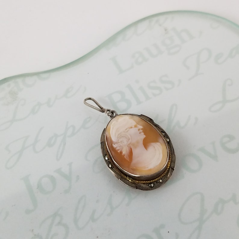 Antique cameo 800 silver high relief carved cameo pendant with marcasite stones OY2653