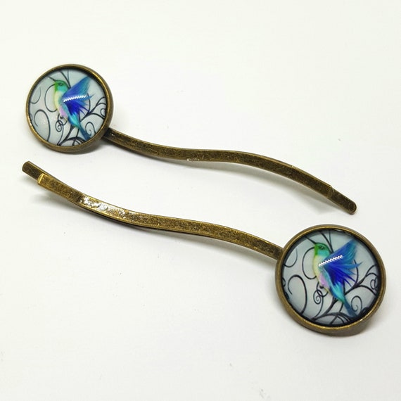 2 X Blue Hummingbird Bobby Pins Hummingbird Curved Hair Etsy