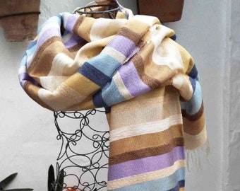 Elegant handwoven pashmina shawl, wrap or scarf in harmonious stripes of white, cream, soft pinks, mauve, blue & gold in boho chic style