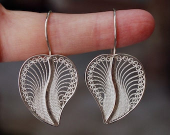 Pendants d'oreilles filigrane "Coeur de Feuille" faites main en Argent 925